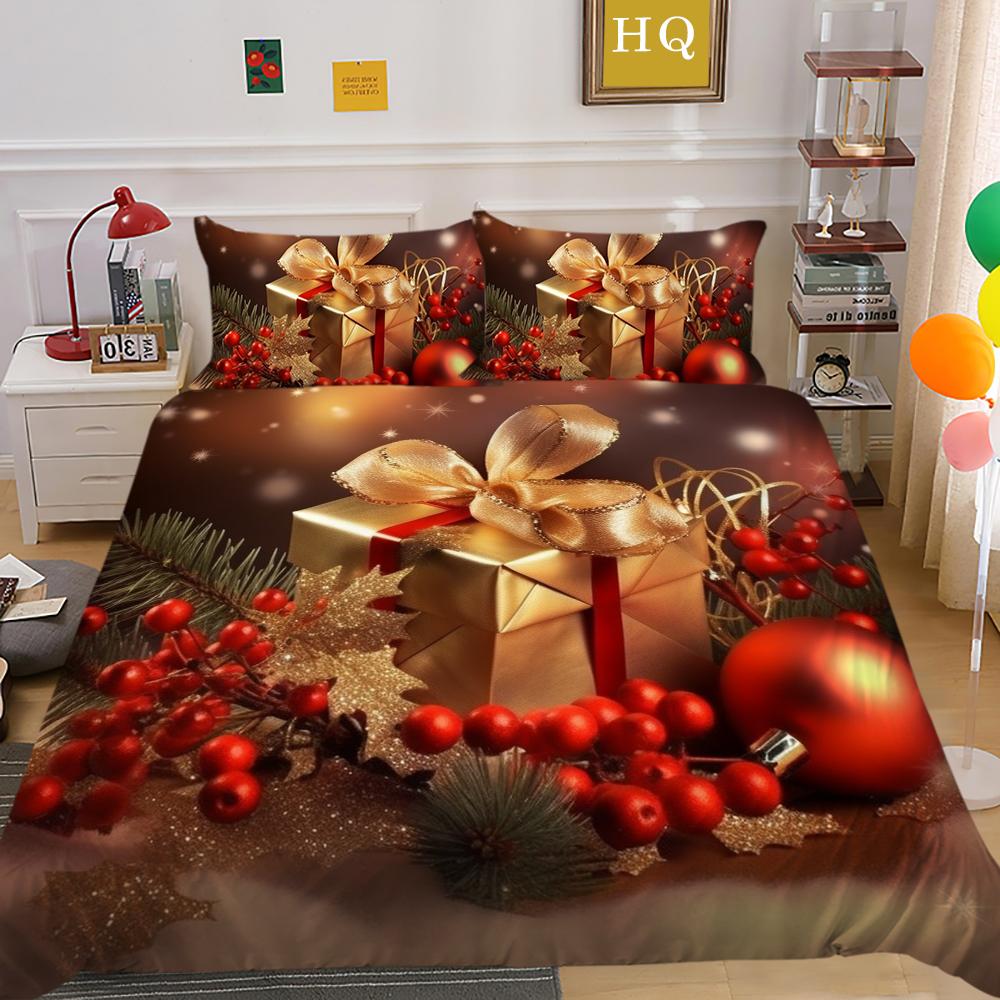 Conjunto de roupa de cama para casa de Natal 3D Padrão de presente Capa de cama Fronha 2/3 peças AU240 * 270 Cama de solteiro/casal tamanho completo Soft Decoração de quarto