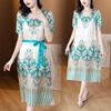 Floral Print V-neckline Dress In Silk with Short Sleeves and Waist Belt