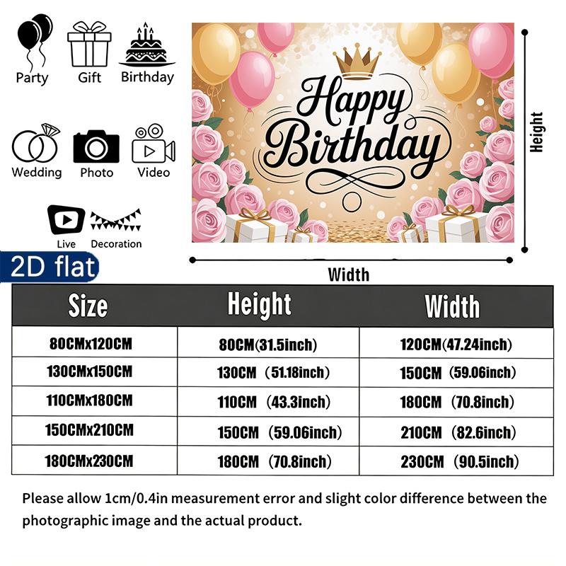 Pink Roses Birthday Party Backdrop, Polyester Banner for Wall Decor & Photo Booth