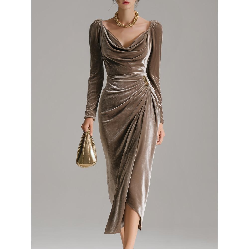 Women s Cowl Neck Long Sleeve Velvet Ruched High‑Slit Elegant Evening Midi Dress XS