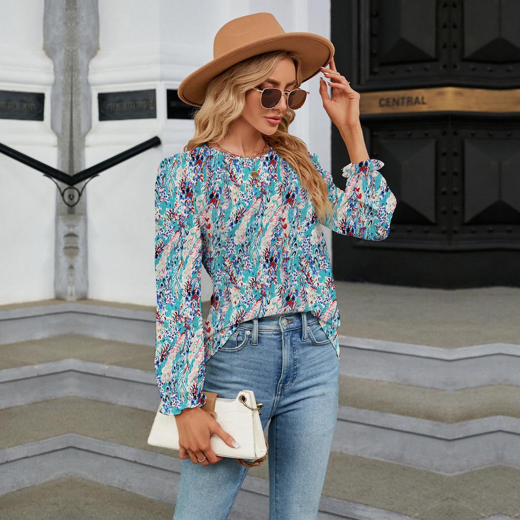 GMXIA Women's Fashion Autumn Winter Casual Solid Color Print Long Sleeve O Neck Blouses & Shirts