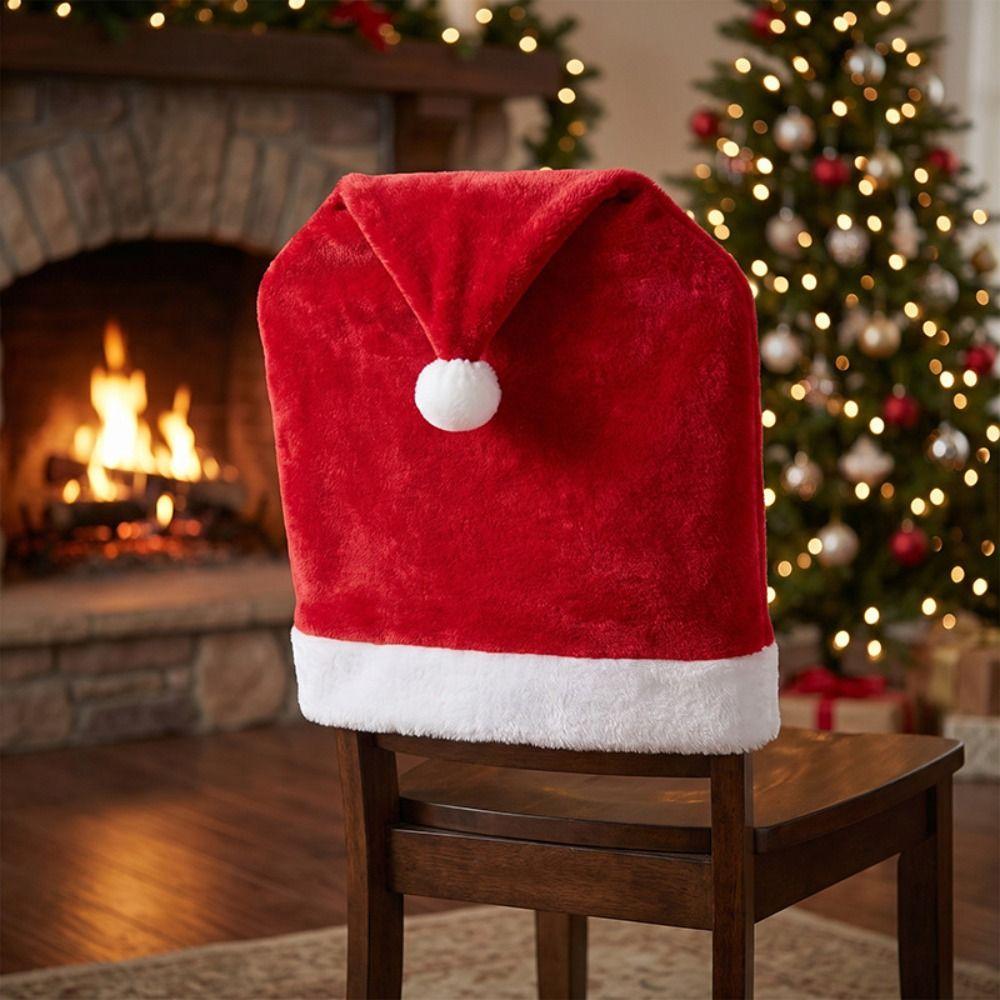 Cartoon Christmas Chair Covers Removable Comfortable Red Chair Back Cover Washable Christmas Hat Plush Stool Covers Banquet