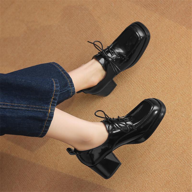 Fashion New Spring Autumn Split Leather Loafers Woman Shoes Chunky Heel Square Toe Platform Shoes for Women High Heels Women Pumps