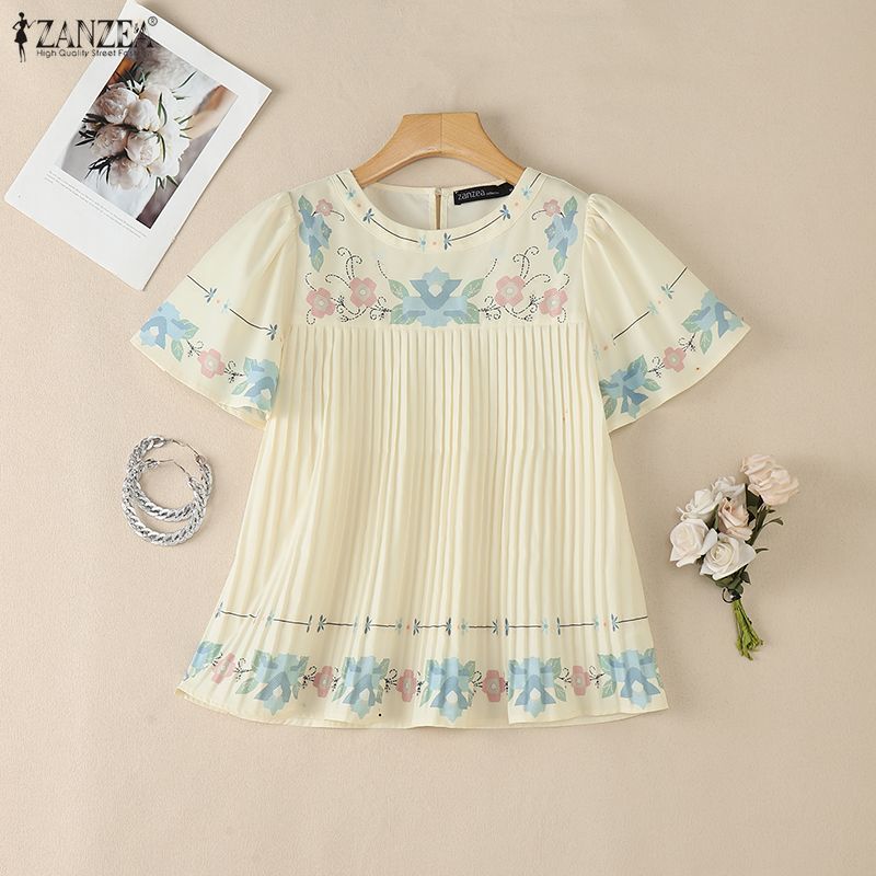ZANZEA Women Casual Round Neck Floral Print Loose Short Sleeve Pleated Blouse
