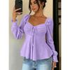 Women V Neck Drawstring Ruched Solid Color Loose Long Sleeve Casual T Shirt