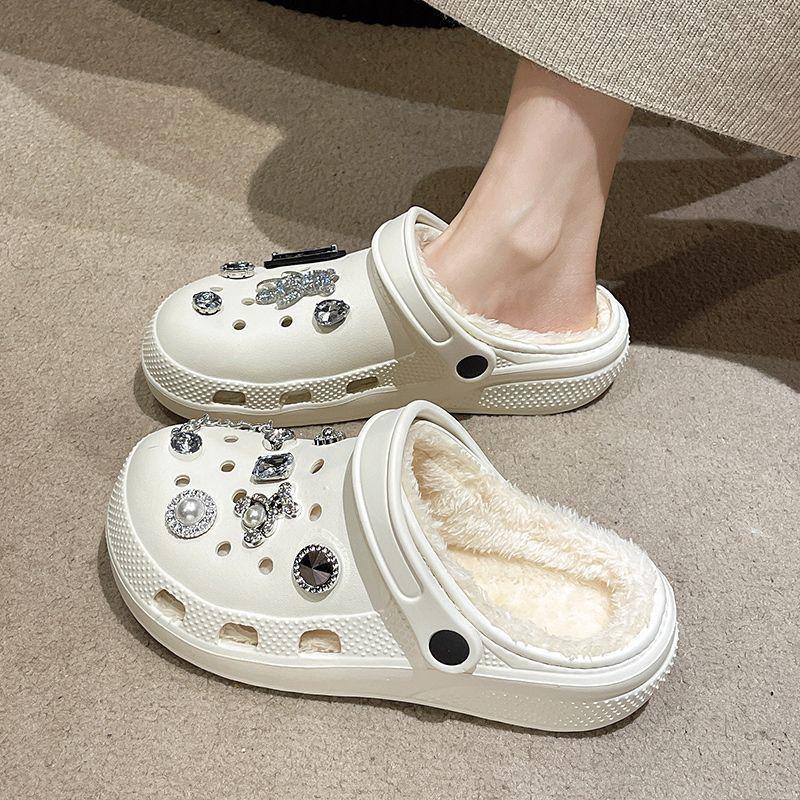 Cotton Drag Hole Shoes Women's Autumn and Winter New Cute Little Briquettes Outer Wear Thick Sole Warm Velvet DIY Winter