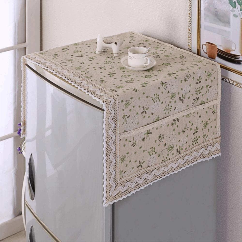 Cotton Linen Refrigerator Dust Cover with Pocket Printed French Door Refrigerator Cloth Lace Trim Fridge Protection Cover