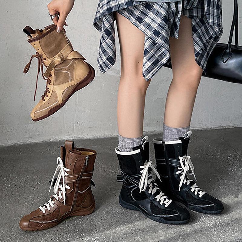 Cowhide Version~ Retro Matte Niche Martin Boots Lace-up Boxing Boots Round Head Short Boots Women's Versatile Mid-tube Western Women