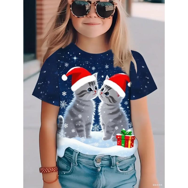 Summer Round Neck 3D Cat Printed Top Fashionable Casual Short Sleeved Children's Girl T-shirts