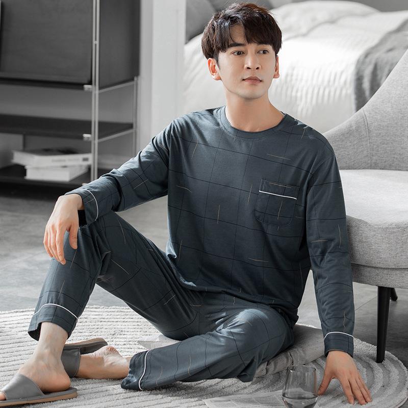 Men's New Spring and Fall Pajamas Homewear Suit Cotton Long-Sleeved Teenage Casual Student Pajamas Homewear Large Size Suit