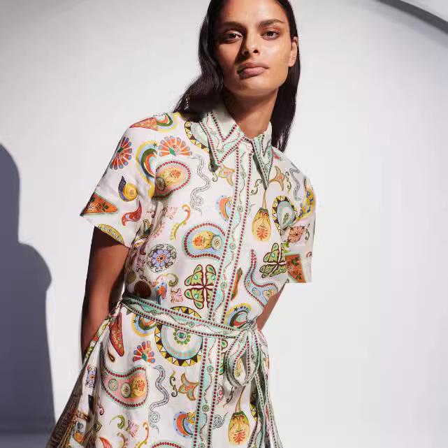 

European & American Lapel Tie Waist Print Holiday Dress for Women Extra Large