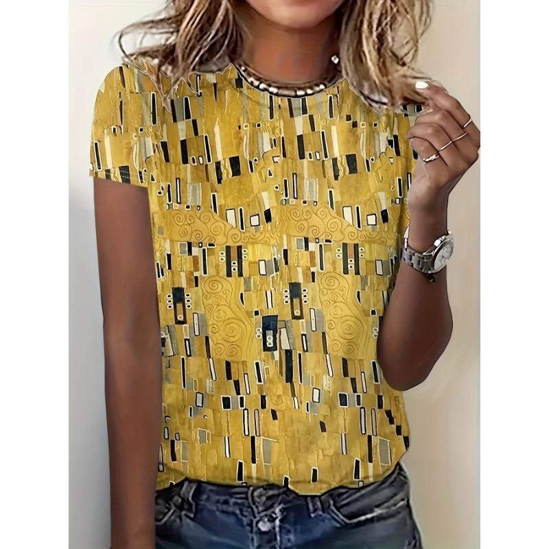 Mustard Yellow Women s Tee  Deco Geometric Pattern Graphic, Stylish Retro Print Design for Casual Daily Wear S