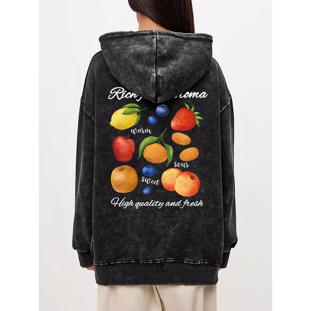 Oversized Womens Washed Hoodies Rich Fruit Aroma Printing Streetwears Comfortable Pocket Cotton Pullover Clothes