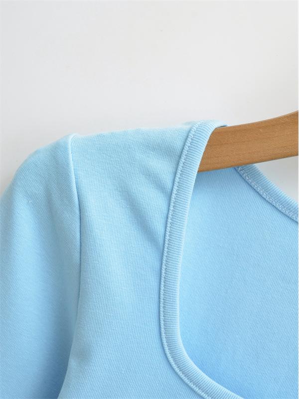 Spicy Girl Square Neck Cinched Waist Long Sleeve T-Shirt for Women - Spring/Autumn Base Layer, High Waist, Curved Style Top