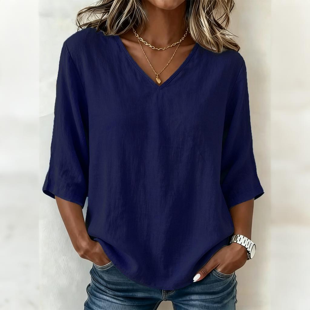 Women Loose Fit V Neck Top Mid Sleeve Relaxed Style Lightweight Jersey Cotton Casual Shirt for Everyday Wear