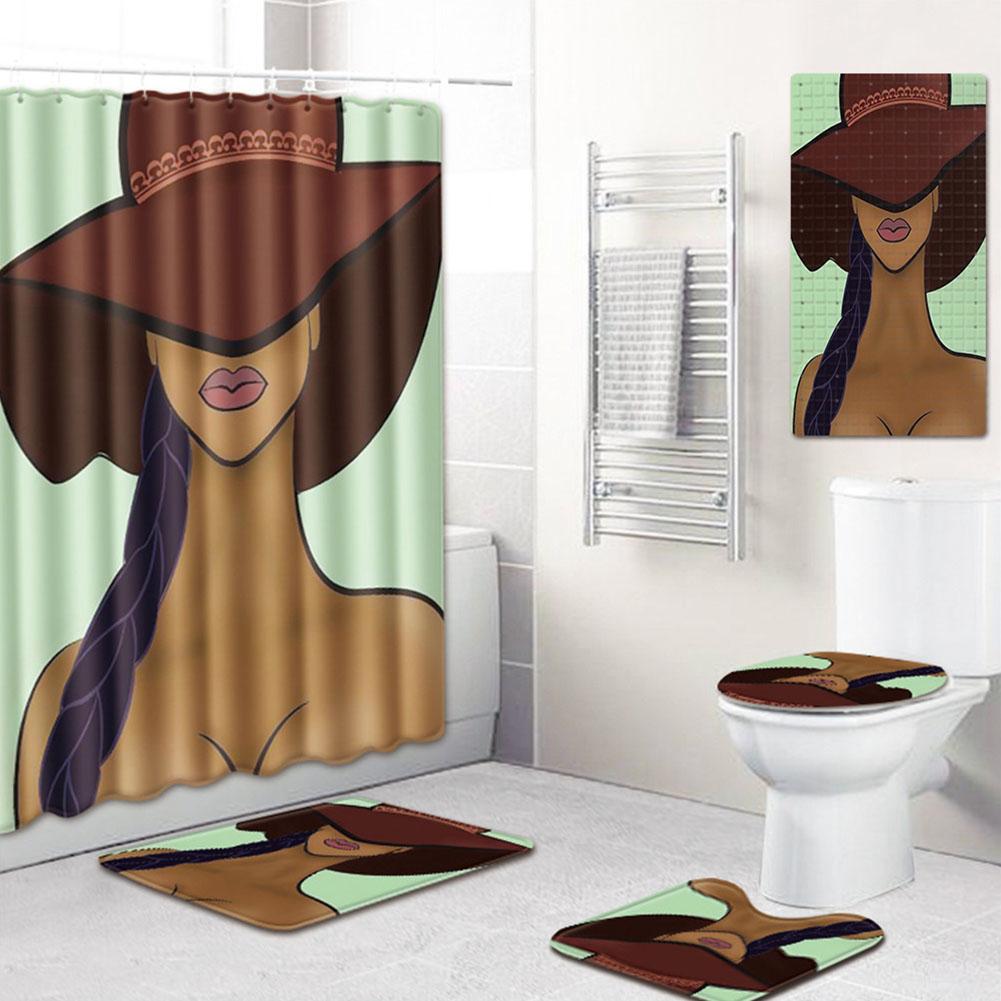 

African Women Printing Toilet Pad Cover Bath Mat Shower Curtain Set 5-Piece Set Five-piece suit#0