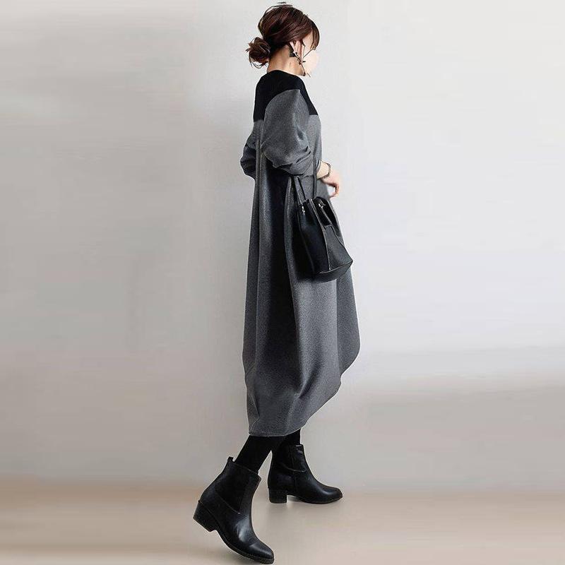 Plus Size Women Round Neck Patchwork Dress Loose Elegant Lightweight Autumn Daily Wear