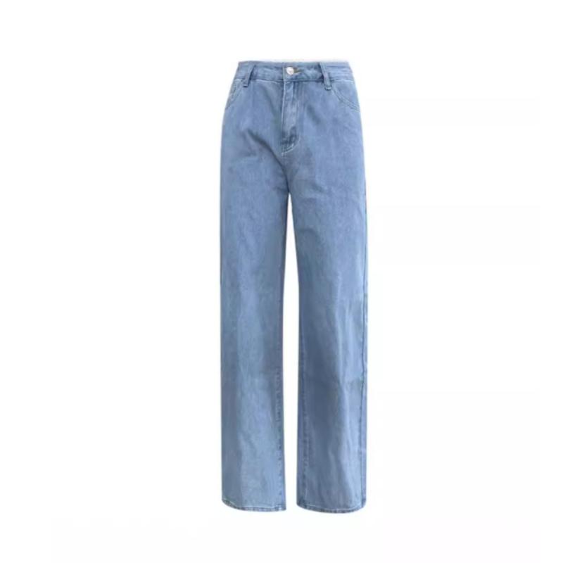 Retro Wide-leg Pants Jeans Women's Denim Solid Color Washed Pockets Mid-waist Basic Loose Straight Denim Trousers