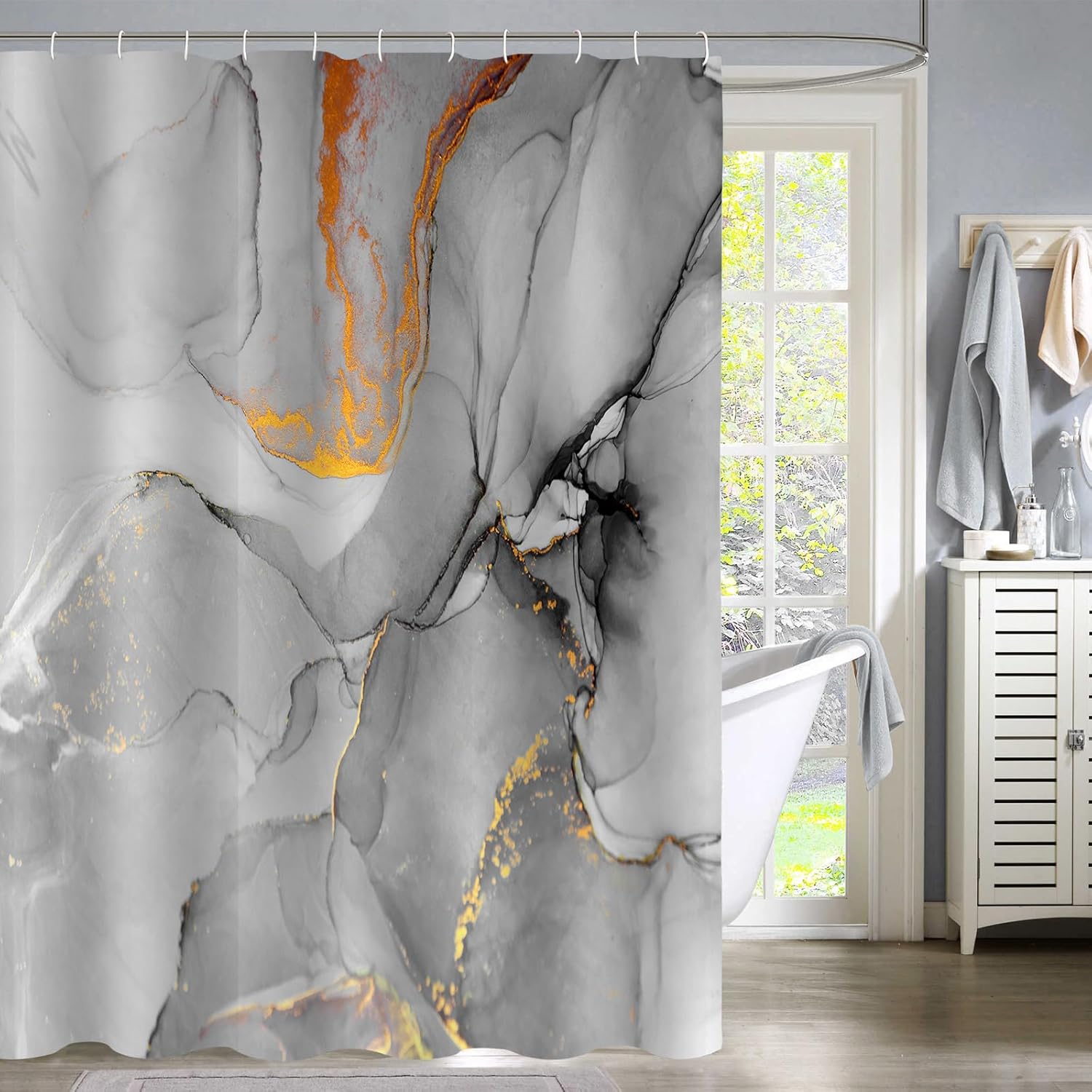 Gibelle Abstract Marble Shower Curtain, Grey Jade Texture Gold Stripes Ombre Watercolor Paint, Modern Ink Art Decor Waterproof F 90x180cm