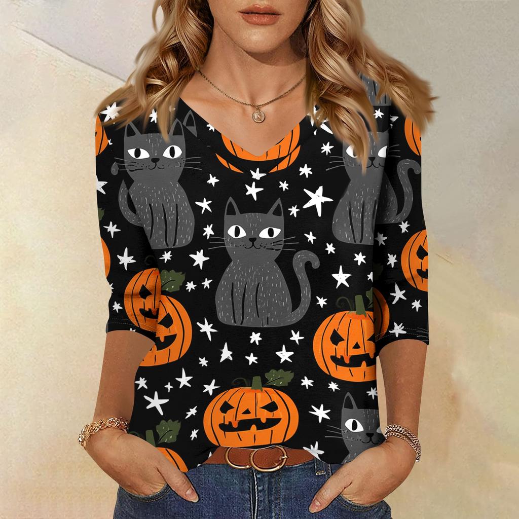 Women's Casual Halloween Print V Neck Three Quarter Sleeve Top Lightweight Soft Fabric Comfortable Fit Stylish Fall Shirt