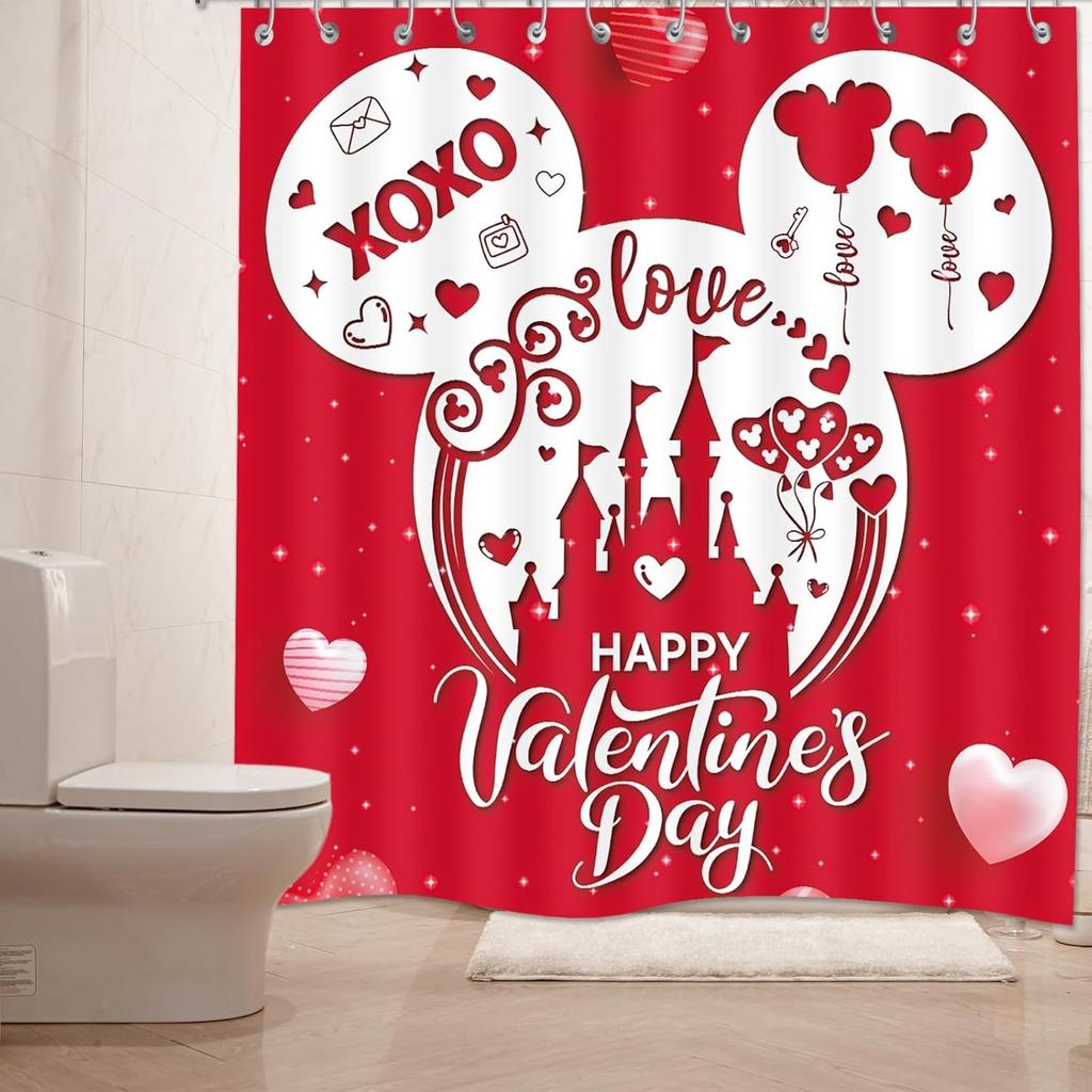 Valentines Day Shower Curtain,Valentine Decor Red Mouse Valentine Shower Curtain Waterproof Cartoon Love Fabric Valentines Bathroom Curtain with
