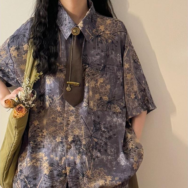 Women Printed Short Sleeved Shirt Chinese Style American Retro Casual tops Turn-down Collar Single Breasted Top with Tie