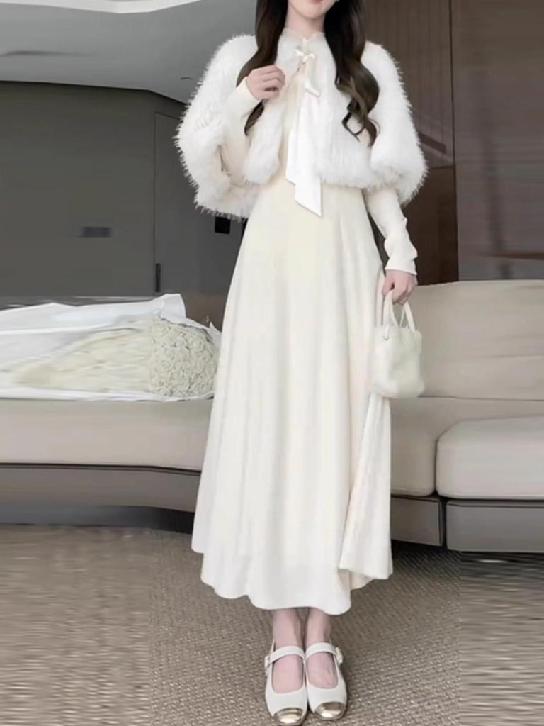 Fluffy French Chic Women's Skirt & Shawl Set – Autumn/Winter High-End Look