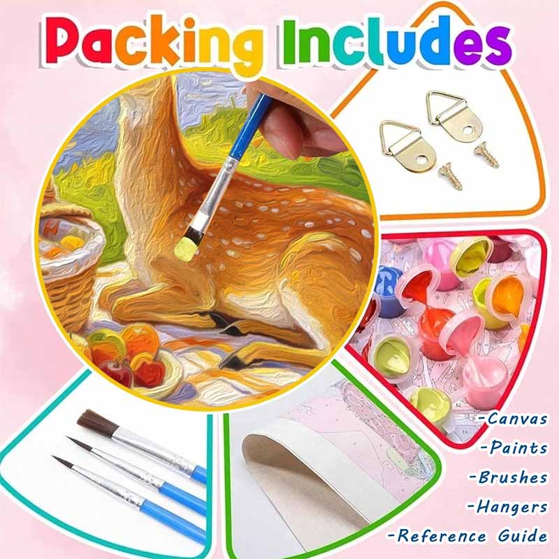 Oil painting DIY digital painting handpainted cute deer river picnic basket landscape living room hallway decorative wall hanging