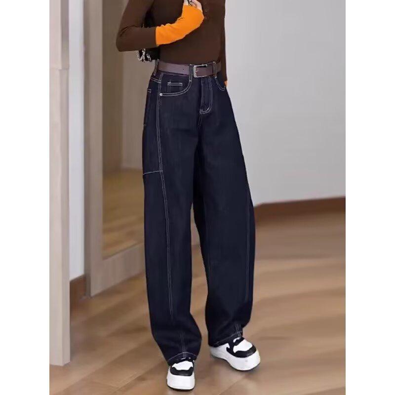 Women's Plus Size Wide-Leg Jeans: Curved Leg, Narrow Fit, Petite Banana Style, Floor-Length Pants for Autumn and Winter.