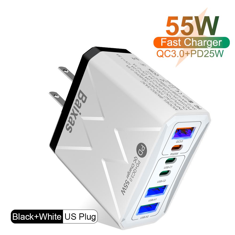PD 25W 6-Port Fast Charger: 3 USB, 3 PD, 55W QC3.0 EU Standard for Mobile Phones