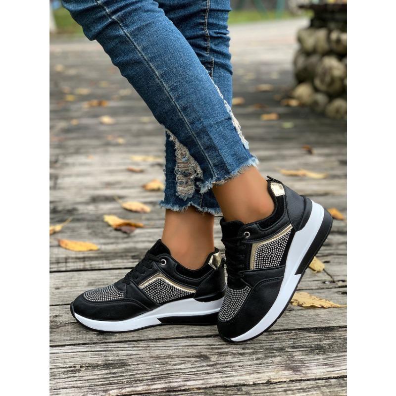 Women's Sports Casual Spring and Summer New Platform Wedge Casual Shoes Lace-up Rhinestone Sports Fashion Shoes