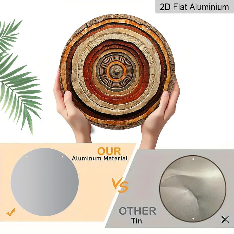 2D Flat, 1pc Round Aluminum Sign In 2D Style, Showcasing Circular Wooden Ring Artwork, Perfect for Cabin, Farmhouse, Living Room, Patio, Garden