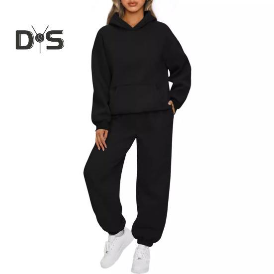 2 ks/sada Dámské sportovní top kalhoty set s kapucí, dlouhý rukáv, čistá barva, mikina s kapucí, elastický pas, volný, kalhoty s páskem ke kotníkům, ležérní, fitness tepláky, denní