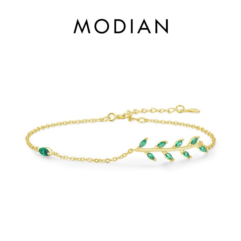 

Модиан стерлингового серебра 925 пробы зеленый лист циркония регулируемый браслет-цепочка для женщин модные свадебные украшения аксессуары золотой