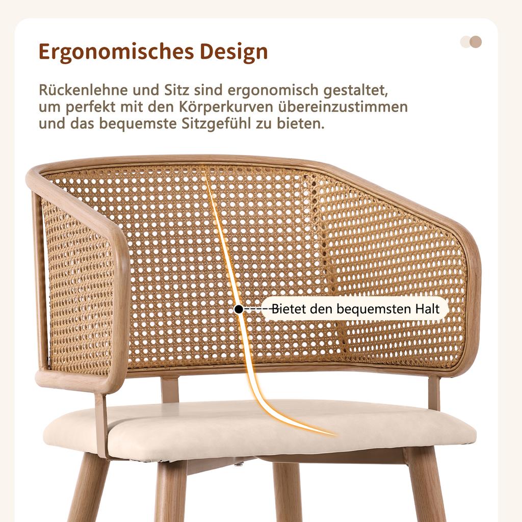 2 Dining Chairs with Rattan Backrest, Seat Cushion PU Leather, Breathable, Modern and Simple Style, Suitable for Restaurants, Living Rooms and Cafés