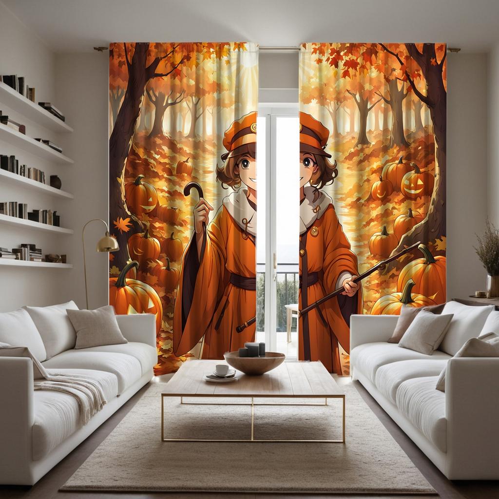 2 pièces HD Feuille d'érable Forêt Prince Jack-o '-lantern rideau avec canne à la main Cravate jaune rideau imprimé numérique Décoration de la maison sty