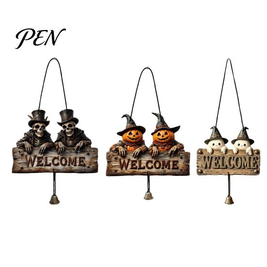 Handmade Retro Wood Craft Halloween Wooden Welcome Hanging Sign, Vintage Farmhouse Door Hanger with Skeleton Pumpkin Rustic Skull Wall Decor