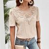 Nuova Blusa Estiva con Inserti in Pizzo da Donna Camicie Scollo Tondo Traforate Top alla Moda Manica Corta Colore Unito Dolce Abbigliamento Largo Elegante