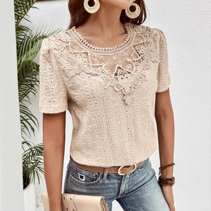 Nuova Blusa Estiva con Inserti in Pizzo da Donna Camicie Scollo Tondo Traforate Top alla Moda Manica Corta Colore Unito Dolce Abbigliamento Largo Elegante