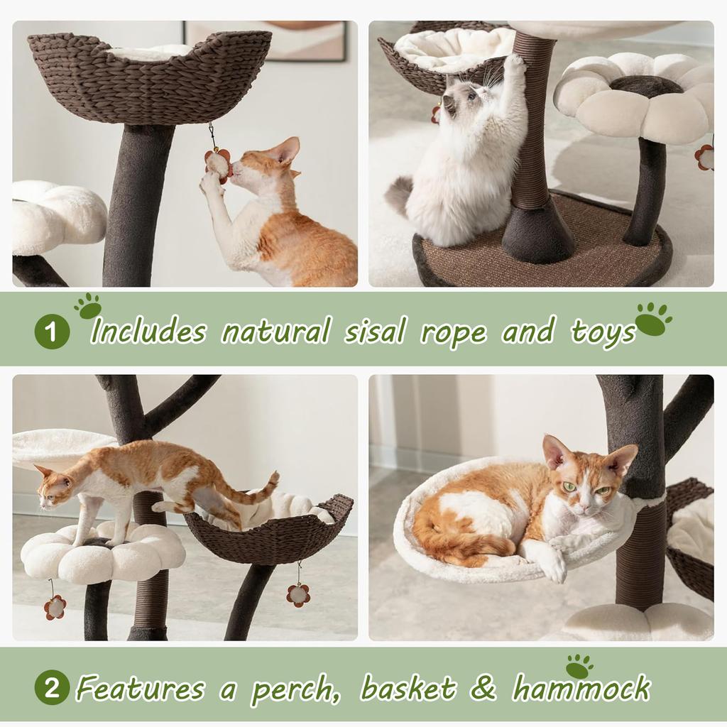 Multi-Level Cat Tree 59 Inches Tall with Sisal-Covered Scratching Posts Condo Dangling Ball and Extended Platform for Cats Play