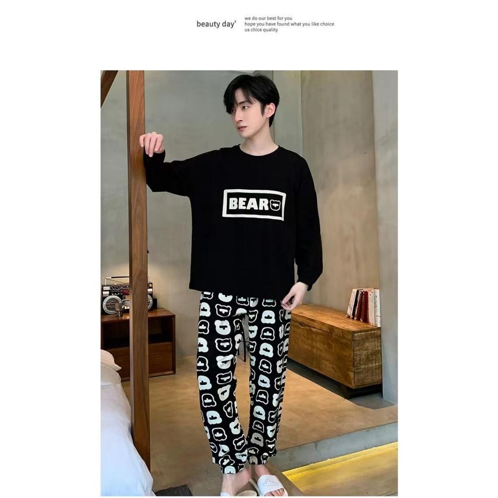 Pajamas Spring and Autumn Men's New Long Sleeve Outable Home Clothes Simple and Casual Large Set