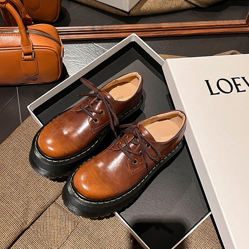 

Cowhide version! Platform shoes British style small leather shoes lace-up single shoes women s new autumn and winter velvet shoes in 2025 39 коричневый