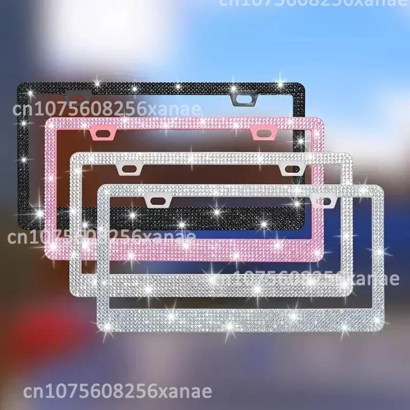 1/2pcs Bling Crystal License Plate Frame Luxury Car Frame Plate with Button Diamond Car License Plate Frame Cover for Women