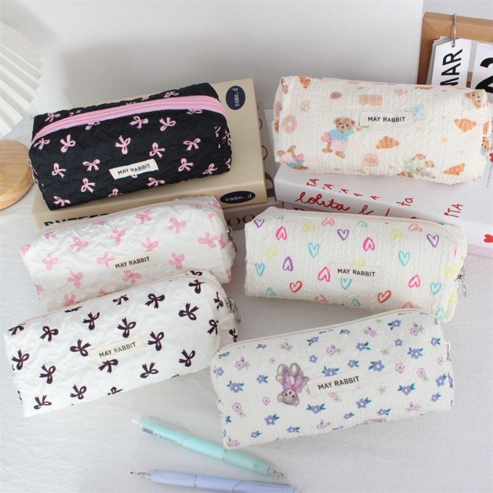 INS Bow Print Pencil Case Large Capacity Student Stationery Storage Bags Back to School Gifts