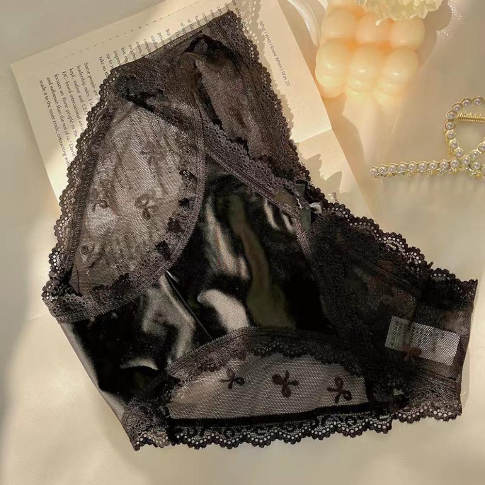 Sweet Low Waist Lace Panties Mesh Lingerie Lace Bow Briefs Satin Silk Underwear for Women Girl