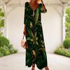 Women Plus Size V Neck Three Quarter Sleeve Green Floral Printed Long Dress