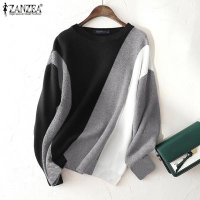 Women Autumn Round Neck Long Sleeve Contrast Color Knitted T-Shirts