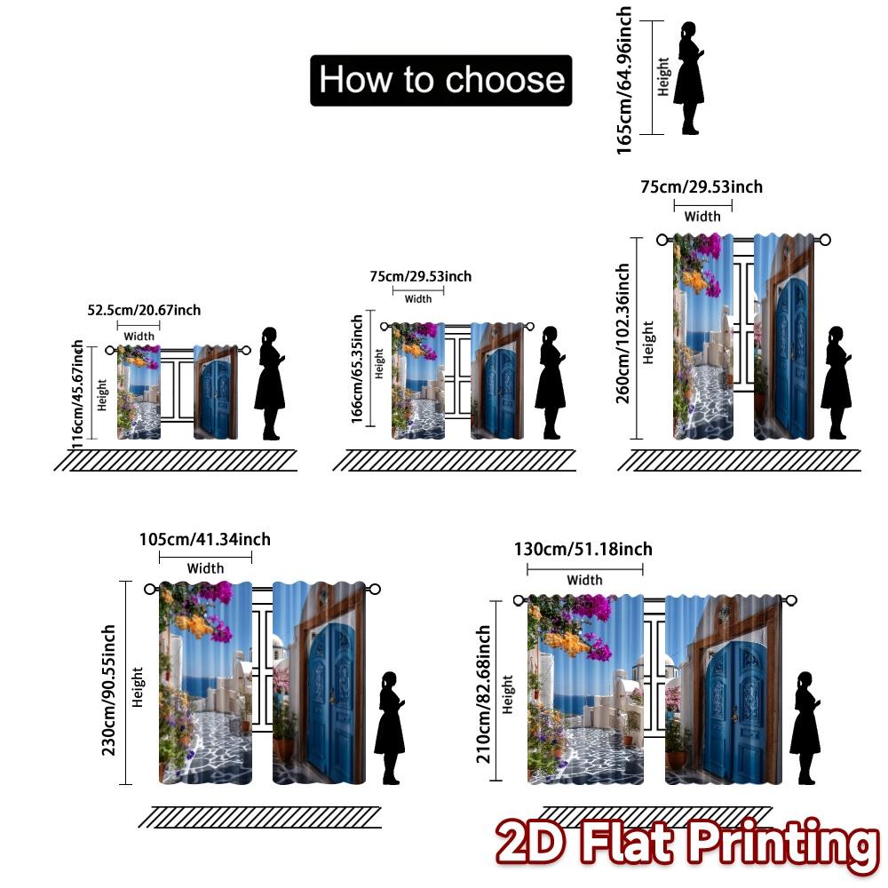2pcs, 2D FLAT PRINTING Curtains (Without Rod) Santorini Bliss(1) Chic Curtain Chic Durable Polyester Curtains Room Decor for