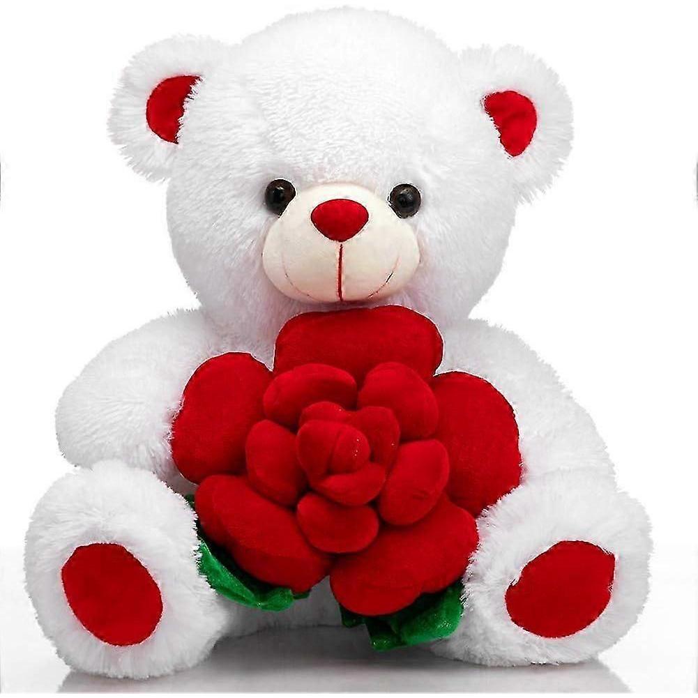 Teddybär Kuscheltiere Plüschbär mit Rose Hält Rose Weiches Plüschtier Valentinstag, 16 Zoll, Weiß