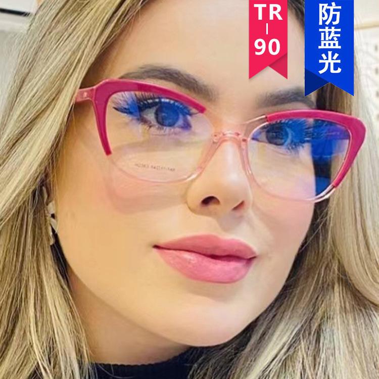 European and American color matching cat eye glasses frame new TR anti-blue flat mirror plain retro glasses frame